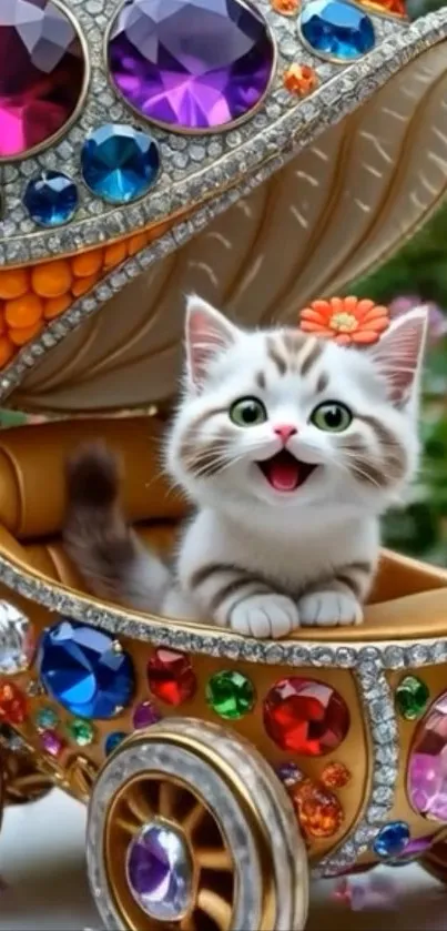 Adorable kitten in a jeweled carriage with vibrant gemstones.