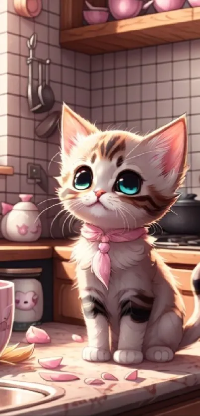 Adorable kitten with blue eyes in a cozy kitchen setting.