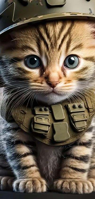 Adorable kitten wearing a military helmet against a black background.