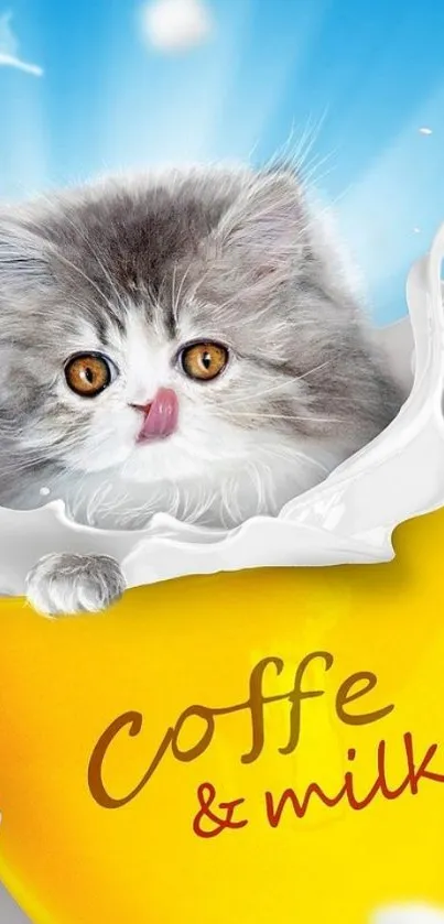 A cute kitten in a yellow and white milk cup with blue background.