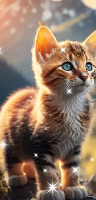 Adorable kitten against mountain backdrop with vibrant colors.