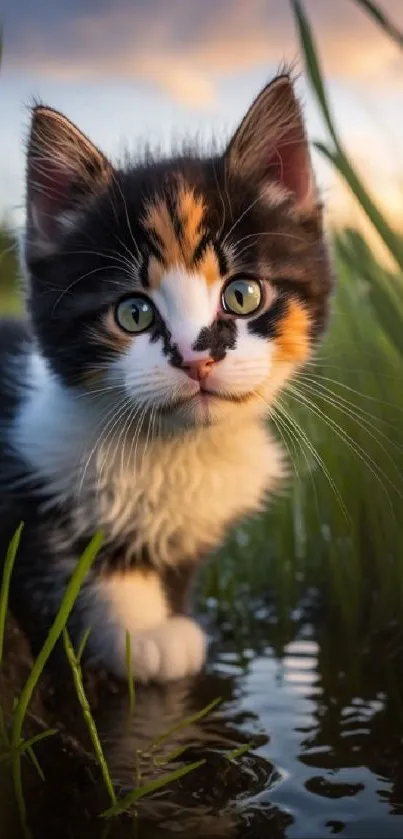 Adorable kitten in green nature with water reflection.