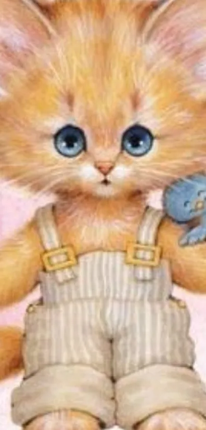 Cute kitten in overalls with a blue toy.