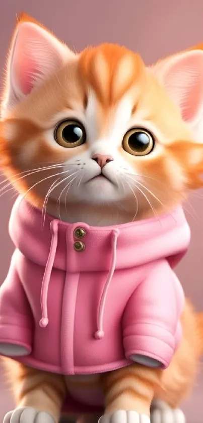 Adorable orange kitten wearing a pink hoodie on a pastel background.