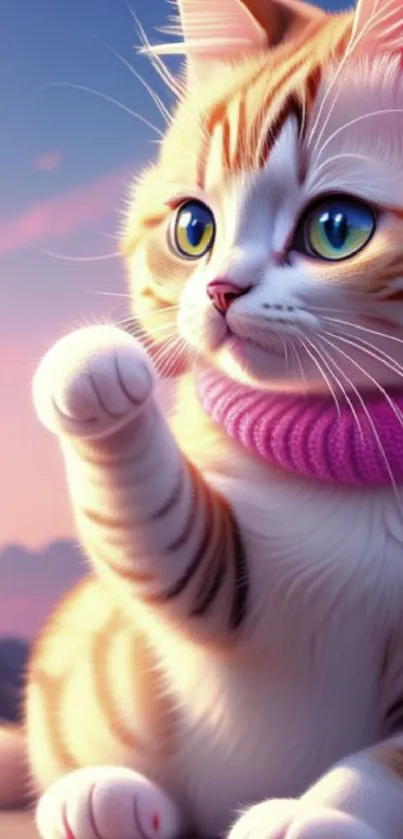 Cute kitten in pink scarf with striking blue eyes on a mobile wallpaper.