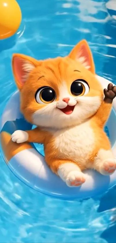 Adorable cartoon kitten floating in a pool with a swim ring.