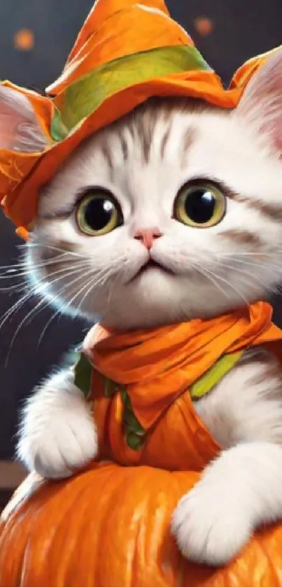 Kitten in a bright orange pumpkin costume for Halloween.