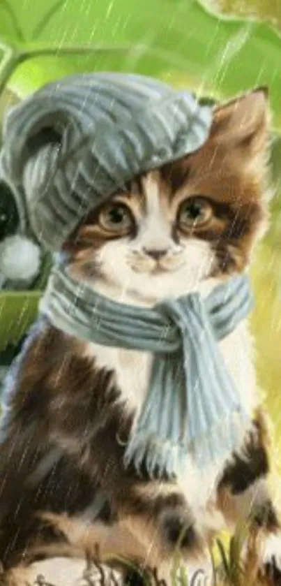 Adorable kitten in hat and scarf under leaf.