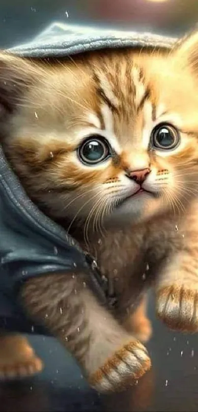 Adorable kitten in a hoodie with a rainy background, perfect for mobile wallpaper.