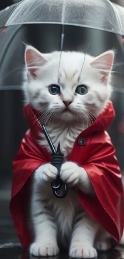 Cute kitten in red raincoat holding umbrella, mobile wallpaper.