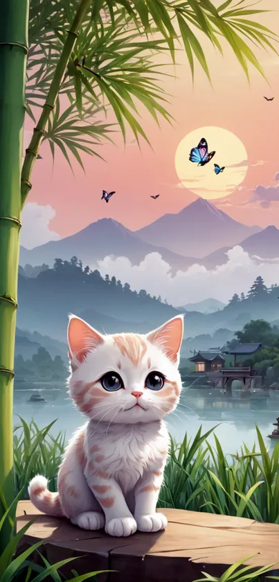 Cute kitten in a serene landscape with bamboo, mountains, and butterflies.