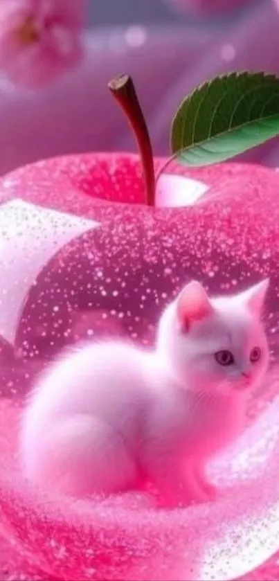 White kitten inside a sparkling pink apple with cherry blossoms.