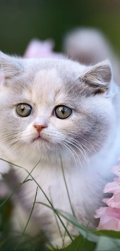 Cute kitten surrounded by pink blossoms in a lush garden.