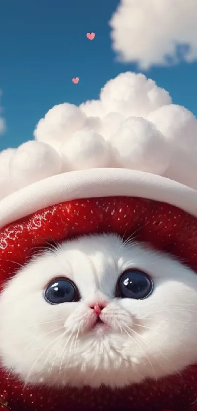 Cute kitten in a strawberry hat under a blue sky with clouds and hearts.