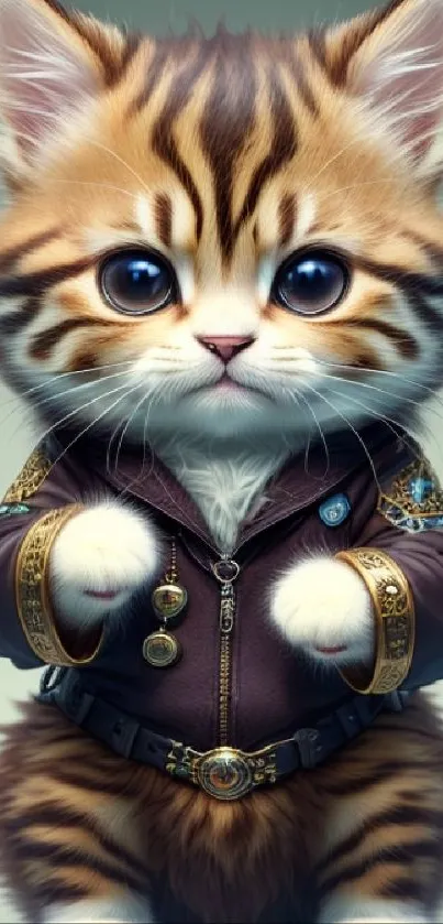 Adorable kitten in a leather jacket with large eyes on a soft shaded background.