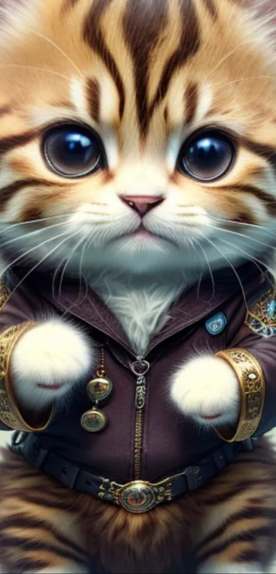 Charming kitten with large eyes in a stylish outfit as a mobile wallpaper.