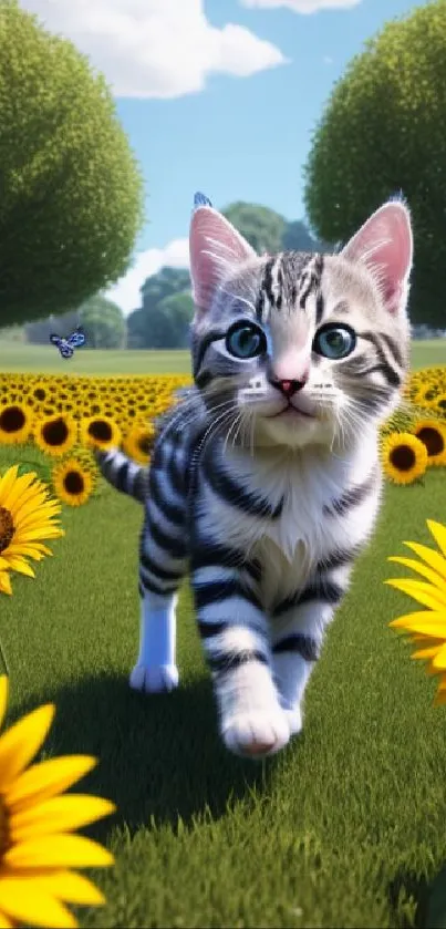 A cute kitten walks through a sunflower field under a vibrant blue sky.