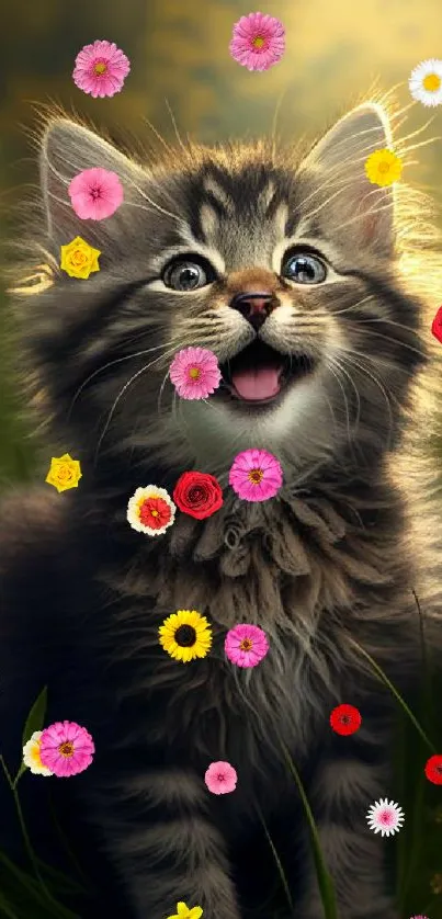 Playful kitten sitting in a sunlit meadow with flowers.