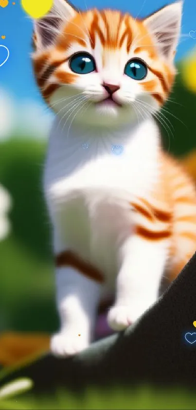 Adorable kitten perched in a sunlit garden with blooming flowers.