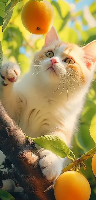 Adorable kitten explores vibrant orange fruits in a sunny green orchard.