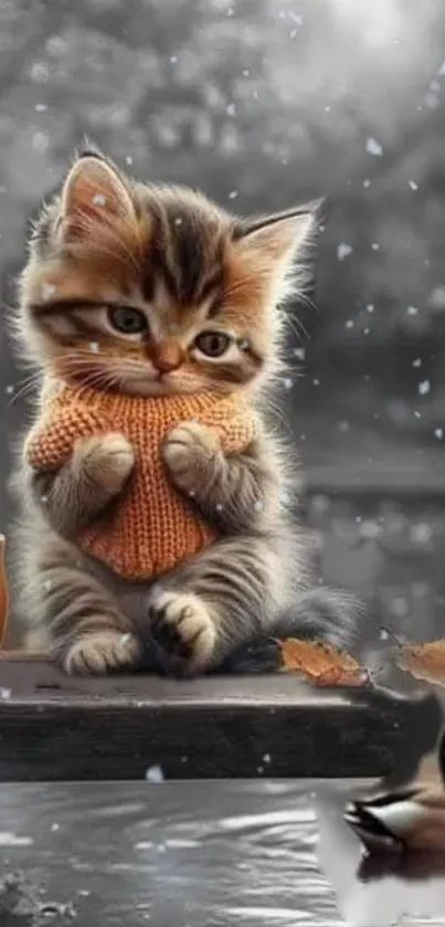 Cute kitten in a warm sweater sitting on a table with falling snow.