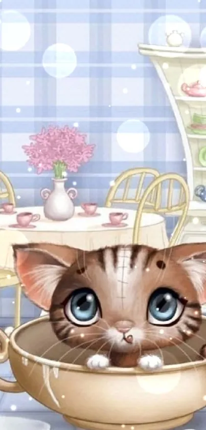 Cute kitten in a teacup with kitchen decor background.