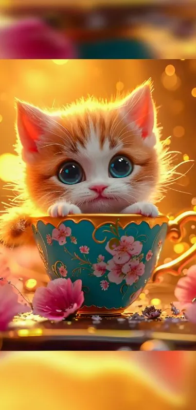 Cute kitten peeking from floral teacup with warm golden bokeh.