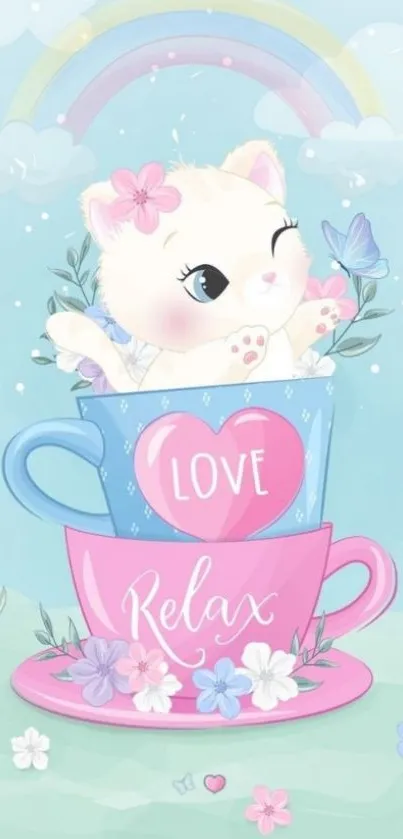 Cute kitten relaxing in colorful teacups under a pastel rainbow.