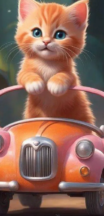 Adorable ginger kitten in a pink toy car, playful and cute mobile wallpaper.