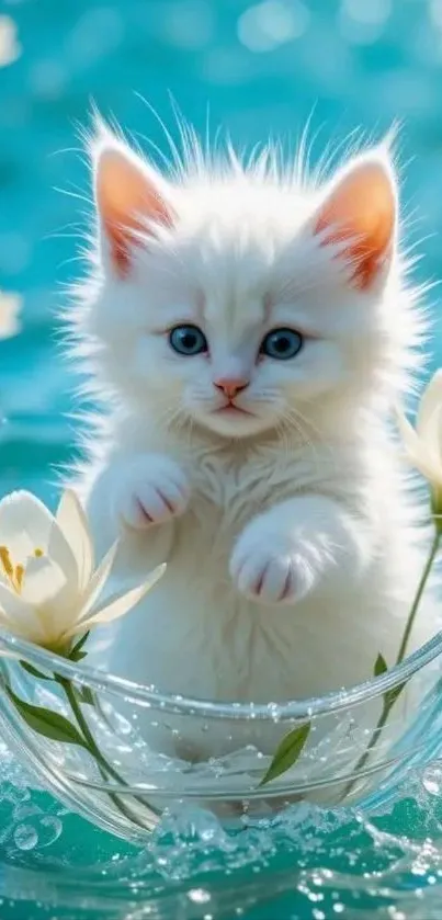 White kitten in a glass bowl surrounded by water and flowers.