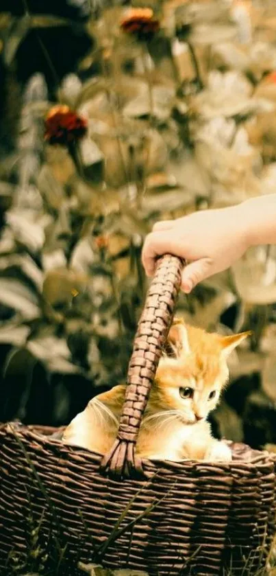 Kitten in a wicker basket with a floral background.