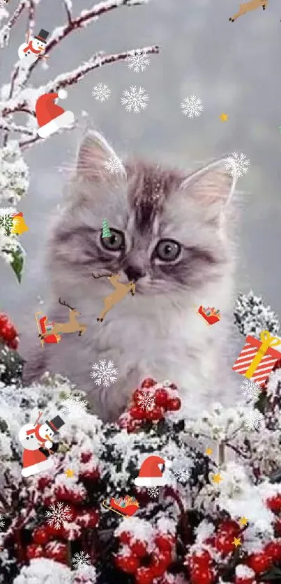 Cute kitten sitting among snowy berries and branches.