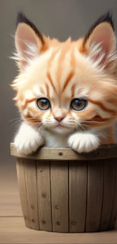 Cute orange-striped kitten in wooden bucket wallpaper.