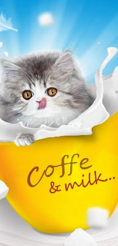 Cute kitten in a yellow cup with milk splashes in mobile wallpaper.