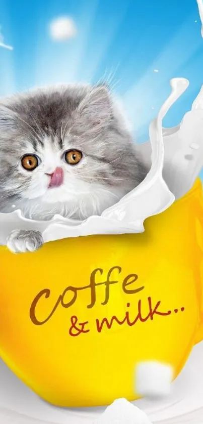 Cute kitten in yellow mug with splashing milk.