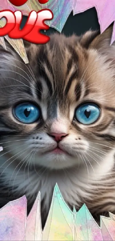 Cute kitten with blue eyes on a colorful love-themed wallpaper.