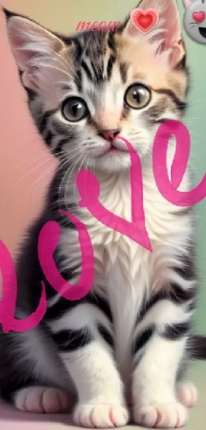 Adorable kitten with 'love' text and emoji on colorful background.