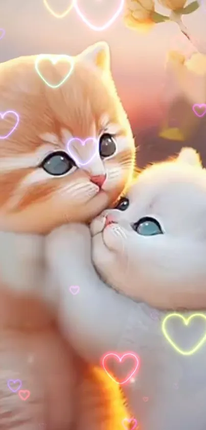 Two cute kittens cuddling with heart decorations.