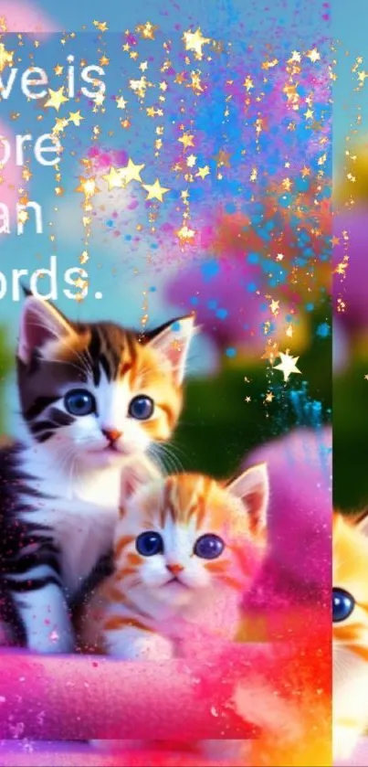 Adorable kittens with love quote on colorful wallpaper