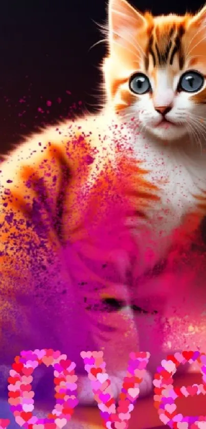 Cute kitten with vibrant orange and pink colors and the word 'Love' on a mobile wallpaper.