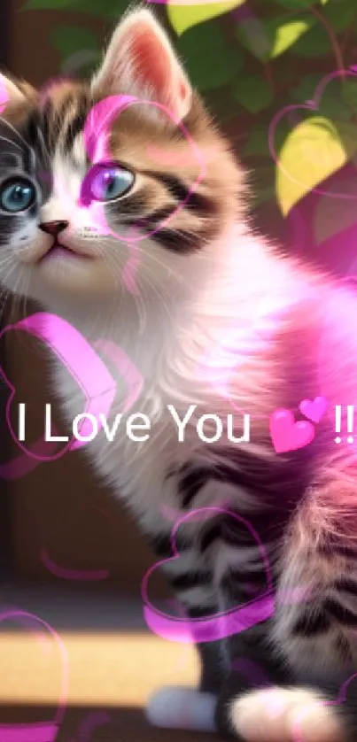 Cute kitten with 'I Love You' text on wallpaper.