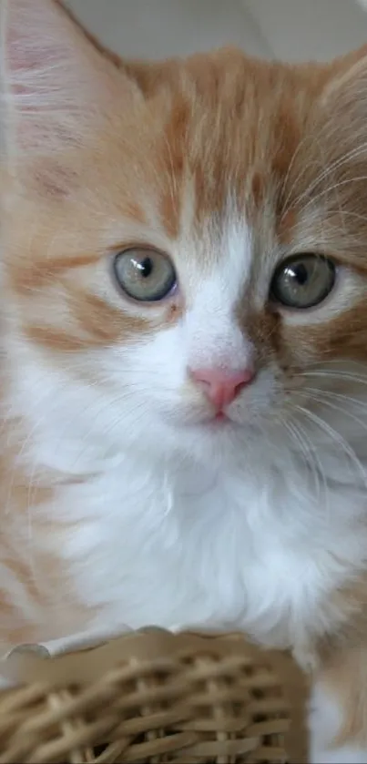 Adorable orange and white kitten in a basket.