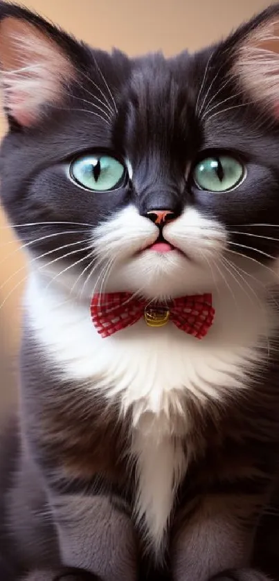 Cute kitten with green eyes and red bowtie on a soft background.