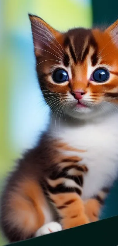 Adorable orange kitten with blue eyes on a vibrant background.