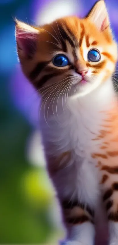 Orange and white kitten with blue eyes against a colorful bokeh background.