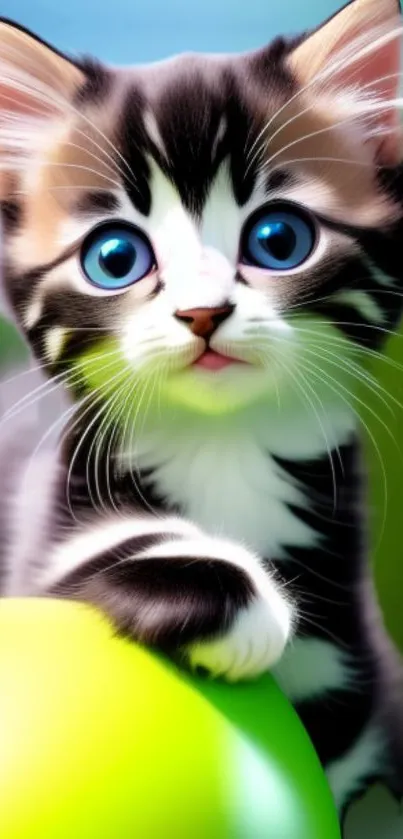 Adorable kitten with blue eyes and bright green ball.