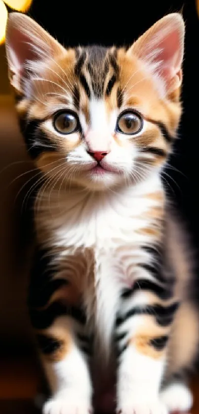 Cute calico kitten sitting attentively with blurred lights in the background.