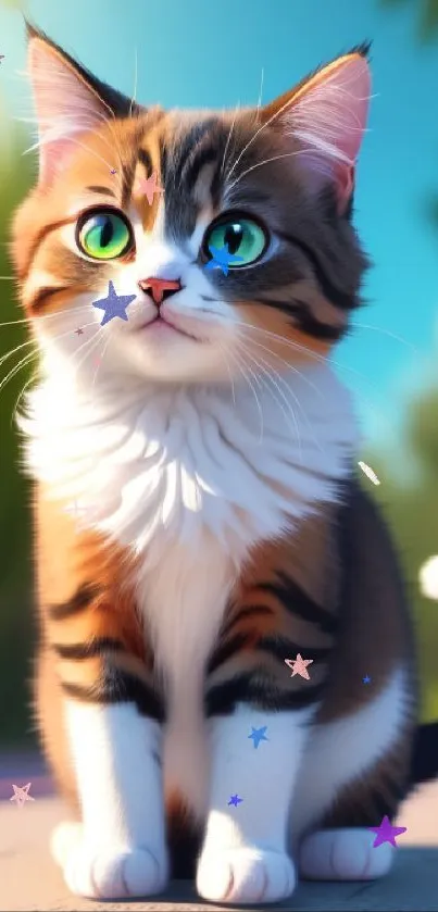 Adorable kitten with green eyes sitting outdoors, perfect mobile wallpaper.