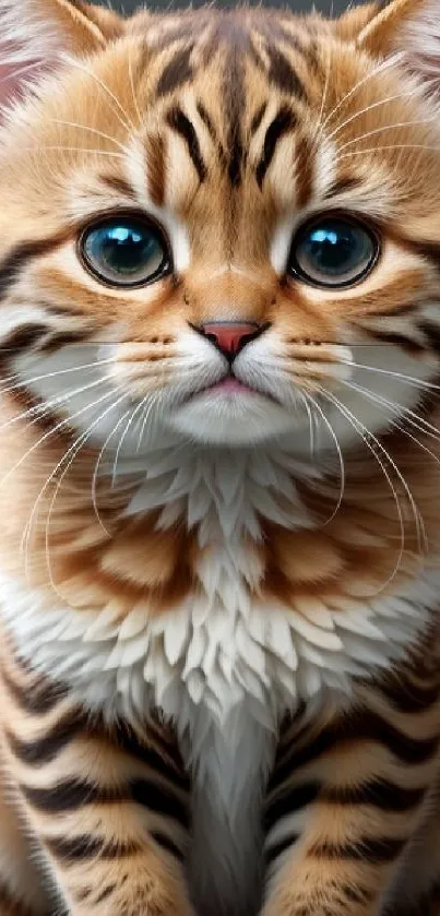 Cute kitten with blue eyes and fluffy orange fur on mobile wallpaper.