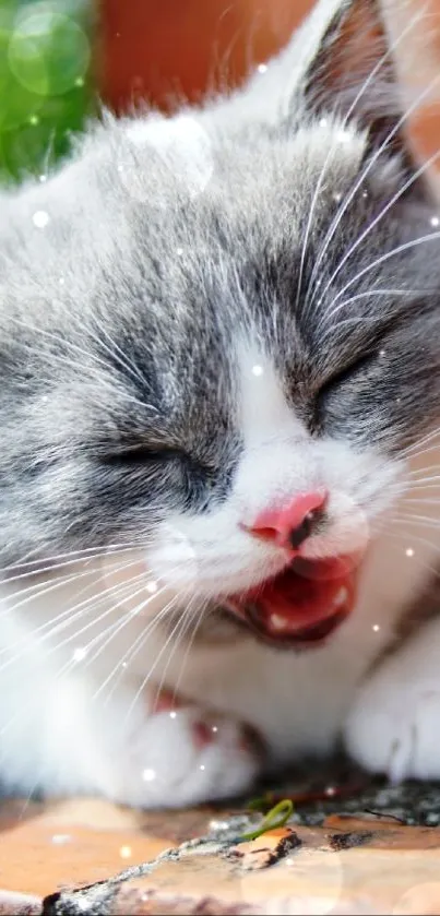 Cute yawning gray and white kitten on a sunny day.